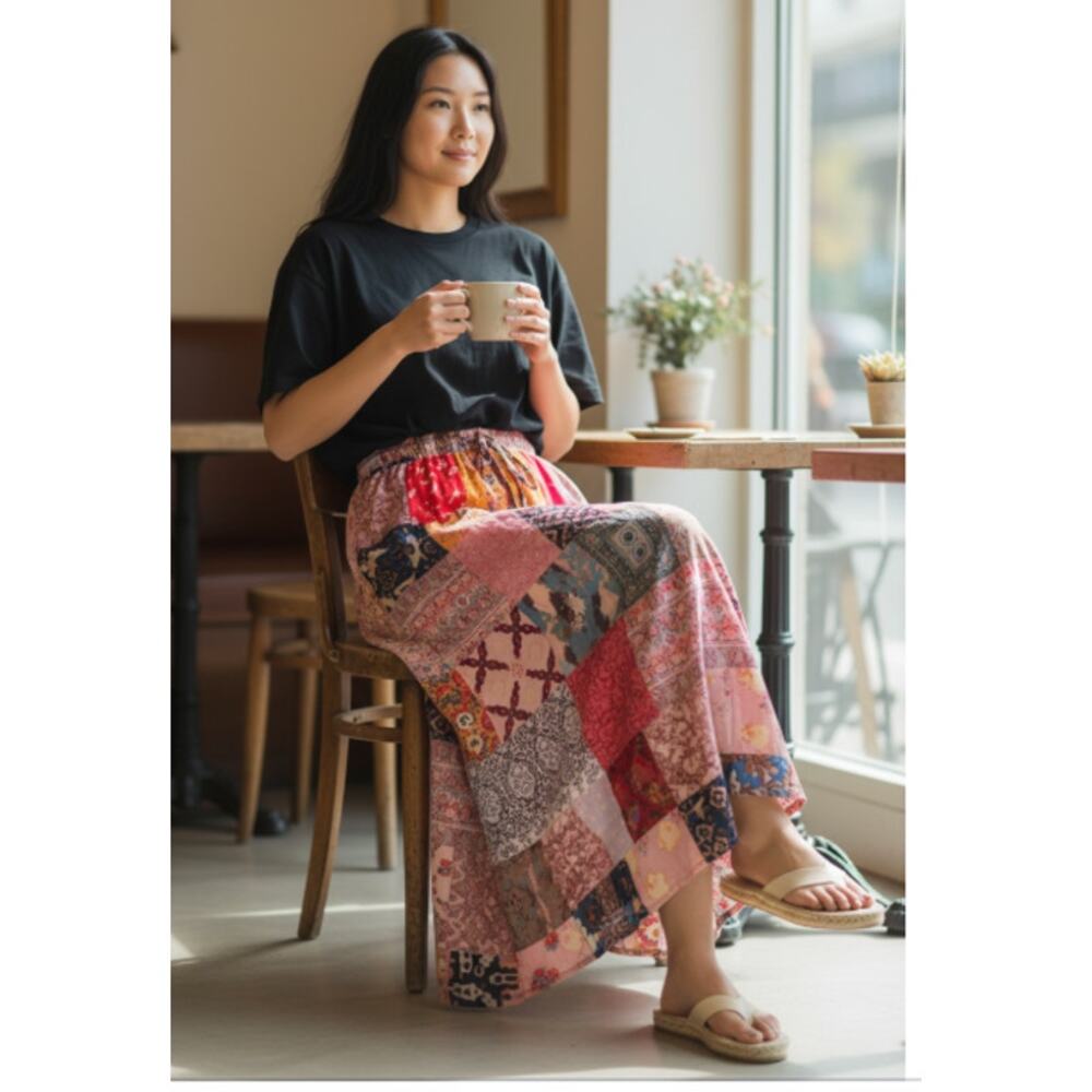 Unbranded Drawstring Maxi Patchwork Boho Skirt Si… - image 1